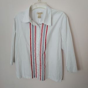 Bechamel Cotton 3/4 slv white blouse embroidered details Large Career Office